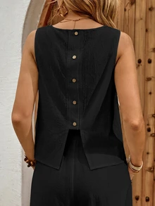 EMERY ROSE Women's Solid Color Round Neck Sleeveless Front Button-Down Summer Minimalist Modest Boho Casual Design 2 Pieces Set Vacation Black Vacation - Black - View 5