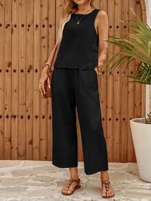 EMERY ROSE Women's Solid Color Round Neck Sleeveless Front Button-Down Summer Minimalist Modest Boho Casual Design 2 Pieces Set Vacation Black Vacation - Black - View 4