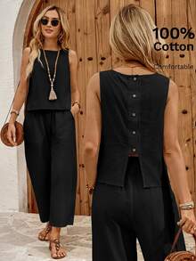 EMERY ROSE Women's Solid Color Round Neck Sleeveless Front Button-Down Summer Minimalist Modest Boho Casual Design 2 Pieces Set Vacation Black Vacation - Black - View 3