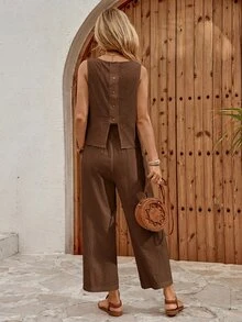 EMERY ROSE Women's Textured Solid Color Tank Top And Loose Pocket Pants 2 Pieces Set Vacation Coffee Brown Summer Casual Vacation Vacation Brunch Vacation - Brown - View 2