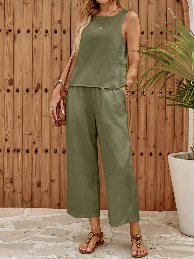 EMERY ROSE Women's Solid Color Back Single-Breasted Button Sleeveless Shirt And Pants Casual Tropical Two Pieces Set Vacation Sage Green Summer - Green - View 4