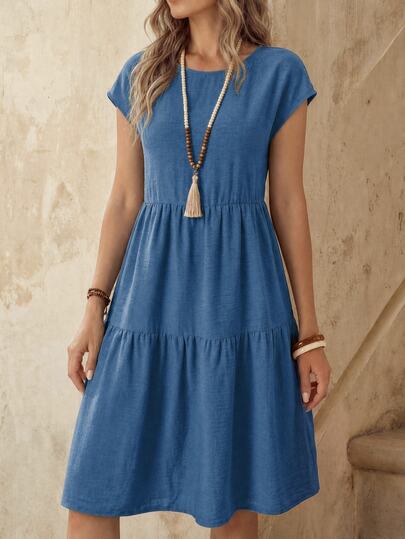 EMERY ROSE Vestido casual de mujer tipo lino azul empolvado de manga corta cuello redondo largo medio, primavera/verano, vestidos casuales para mujer vacaciones