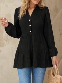EMERY ROSE Women's Solid Color Minimalist Long Sleeve Blouse Peplum Top Fall Cloth For Women - Black - View 1