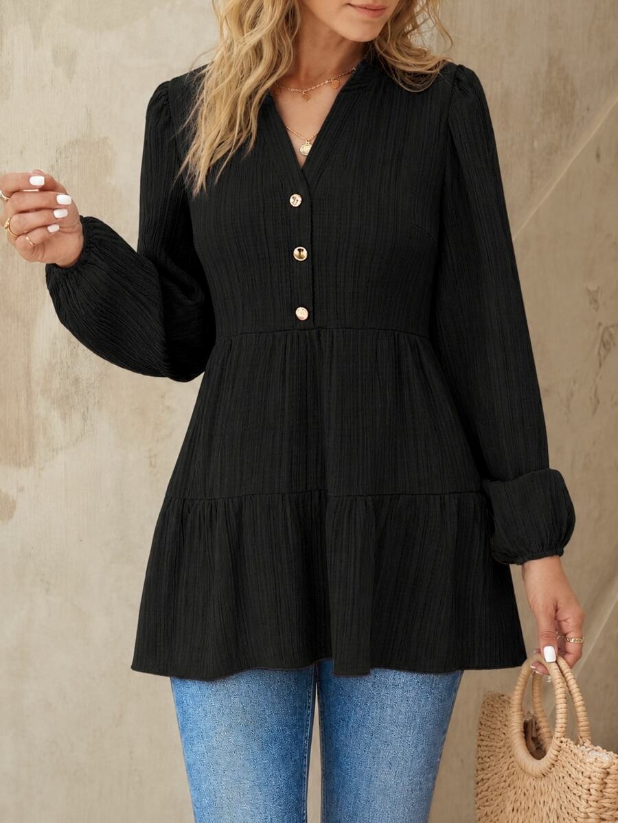 EMERY ROSE Women's Solid Color Minimalist Long Sleeve Blouse Peplum Top Fall Cloth For Women - Black - View 1