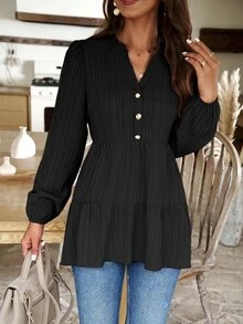 EMERY ROSE Women's Solid Color Minimalist Long Sleeve Blouse Peplum Top Fall Cloth For Women - Black - View 7