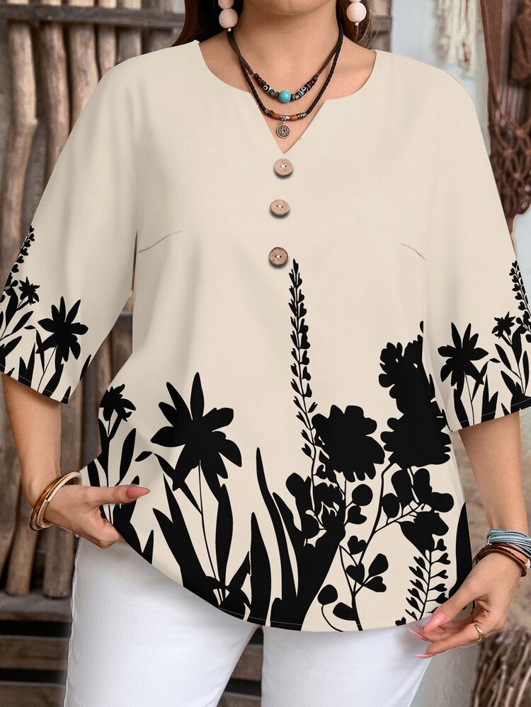 EMERY ROSE Casual Minimalist Style Black Floral Print Pattern 3/4 Sleeve Women's Blouse - Multicolor - View 7