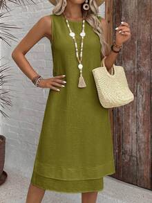 EMERY ROSE Casual Boho Solid Color Round Neck A-Line Summer Dress, Women's Summer Dress Vacation Olive Green - Green - View 7