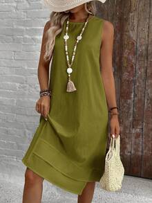 EMERY ROSE Casual Boho Solid Color Round Neck A-Line Summer Dress, Women's Summer Dress Vacation Olive Green - Green - View 2