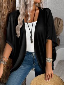 EMERY ROSE Women's Casual Solid Color Versatile Lightweight Cardigan, Suitable For Autumn And Summer Black Coverups Short Sleeve Fall Office - Black - View 3
