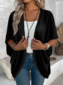 EMERY ROSE Women's Casual Solid Color Versatile Lightweight Cardigan, Suitable For Autumn And Summer Black Coverups Short Sleeve Fall Office - Black - View 6