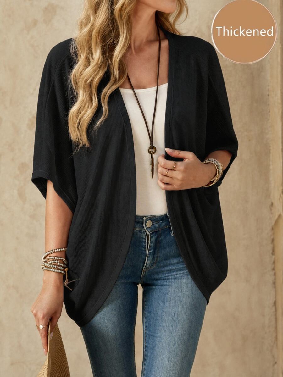 EMERY ROSE Women's Casual Solid Color Versatile Lightweight Cardigan, Suitable For Autumn And Summer Black Coverups Short Sleeve Fall Office