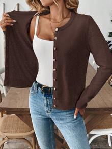 SHEIN Women Casual Elegant Solid Color Long Sleeve Cardigan Autumn Cloth For Women Teachers' Day Office Dark Brown - Coffee Brown - View 9