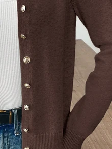 SHEIN Women Casual Elegant Solid Color Long Sleeve Cardigan Autumn Cloth For Women Teachers' Day Office Dark Brown - Coffee Brown - View 8