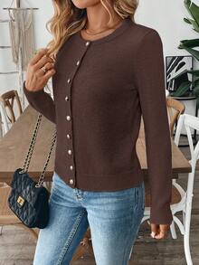 SHEIN Women Casual Elegant Solid Color Long Sleeve Cardigan Autumn Cloth For Women Teachers' Day Office Dark Brown - Coffee Brown - View 5