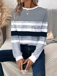 EMERY ROSE Women's Color Block Striped Print Round Neck Long Sleeve T-Shirt, Fall Winter - Blue and White - View 4
