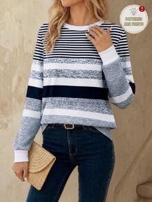 EMERY ROSE Women's Color Block Striped Print Round Neck Long Sleeve T-Shirt, Fall Winter - Blue and White - View 3