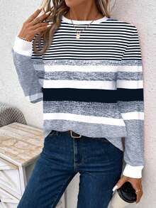 EMERY ROSE Women's Color Block Striped Print Round Neck Long Sleeve T-Shirt, Fall Winter - Blue and White - View 5