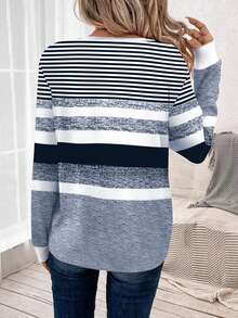 EMERY ROSE Women's Color Block Striped Print Round Neck Long Sleeve T-Shirt, Fall Winter - Blue and White - View 2