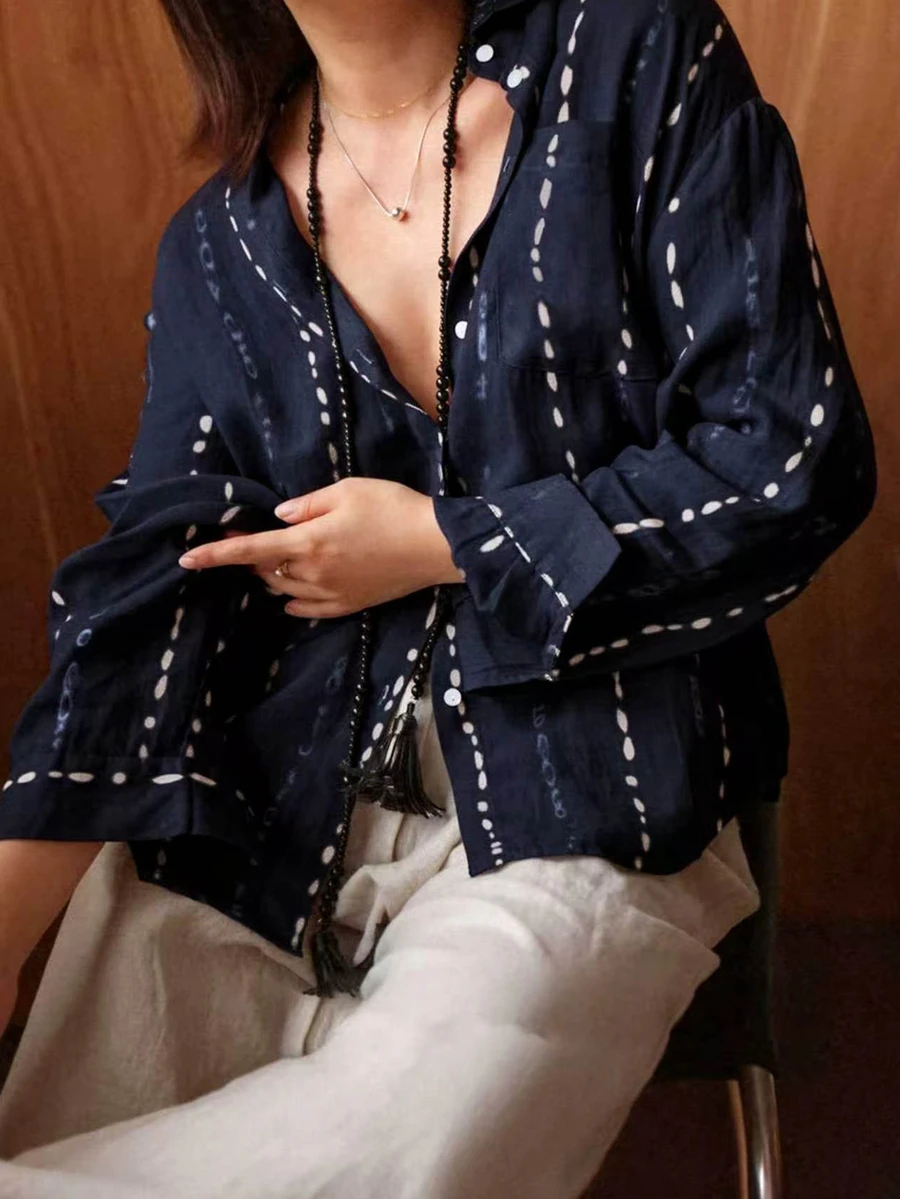 EMERY ROSE Women's Casual Comfortable Linen Printed Shirt - Navy Blue - View 1