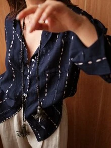 EMERY ROSE 女士休闲舒适亚麻印花衬衫 - 藏蓝色 - 查看 7