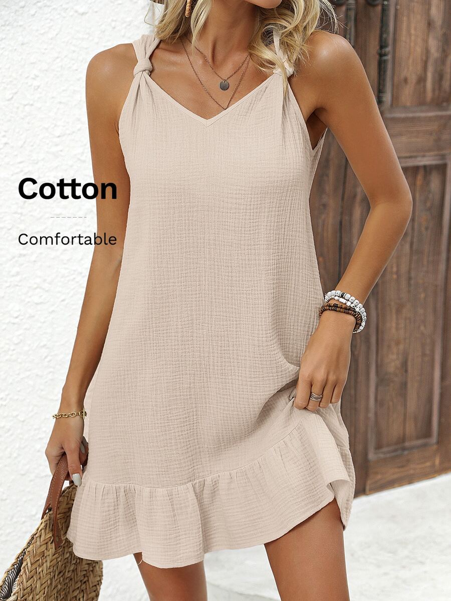EMERY ROSE Women Summer Shoulder Strap Twist Design Solid Color Textured Fabric Ruffle Hem Linen Dress,Cotton Dress - Khaki - View 1