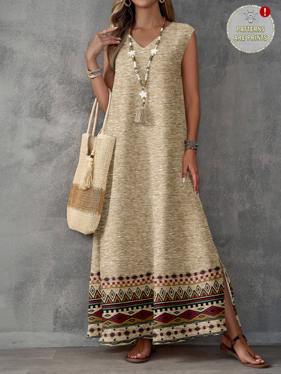 EMERY ROSE Vestido sin mangas con cuello en V y estampado vintage bohemio para mujer, vestidos de verano y primavera para mujer, casual para picnic en color caqui, atuendos de vacaciones para mujer