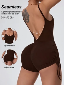 Slayform Slayform Dark Brown Shoulder Strap Backless One-Piece Jumpsuit Women's Butt-Lifting Drawstring Shorts Fitness Workout Yoga Seamless Bodysuit Gym Athleisure - Brown - View 1