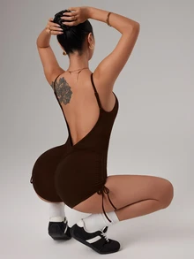 Slayform Slayform Dark Brown Shoulder Strap Backless One-Piece Jumpsuit Women's Butt-Lifting Drawstring Shorts Fitness Workout Yoga Seamless Bodysuit Gym Athleisure - Brown - View 6