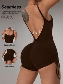 Slayform Slayform Dark Brown Shoulder Strap Backless One-Piece Jumpsuit Women's Butt-Lifting Drawstring Shorts Fitness Workout Yoga Seamless Bodysuit Gym Athleisure - Brown - View 3