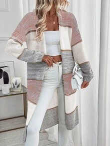 EMERY ROSE Color Block Casual Loose Fit Long Cardigan For Women With Dual Pockets,Long Sleeve Tops Fall Winter Cloth For Women - Pink - View 4