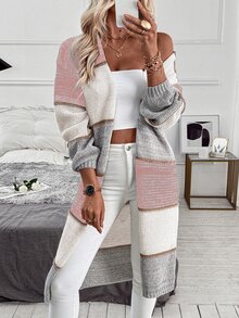 EMERY ROSE Color Block Casual Loose Fit Long Cardigan For Women With Dual Pockets,Long Sleeve Tops Fall Winter Cloth For Women - Pink - View 5