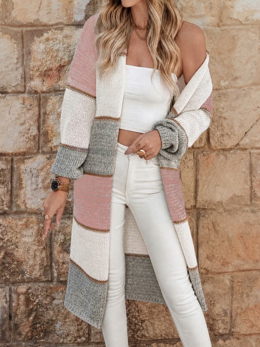 EMERY ROSE Color Block Casual Loose Fit Long Cardigan For Women With Dual Pockets,Long Sleeve Tops Fall Winter Cloth For Women - Pink - View 1