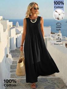 EMERY ROSE Women's Fashionable Casual Solid Color Cotton Dress Vacation Black Summer Vacation Vacation Vacation Vacation - Black - View 3