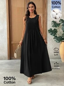 EMERY ROSE Women's Fashionable Casual Solid Color Cotton Dress Vacation Black Summer Vacation Vacation Vacation Vacation - Black - View 8