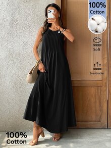 EMERY ROSE Women's Fashionable Casual Solid Color Cotton Dress Vacation Black Summer Vacation Vacation Vacation Vacation - Black - View 6