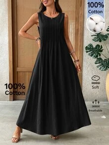 EMERY ROSE Women's Fashionable Casual Solid Color Cotton Dress Vacation Black Summer Vacation Vacation Vacation Vacation - Black - View 5