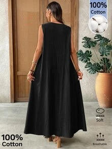 EMERY ROSE Women's Fashionable Casual Solid Color Cotton Dress Vacation Black Summer Vacation Vacation Vacation Vacation - Black - View 2
