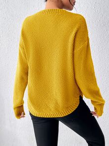 SHEIN LUNE 纯色宽松落肩针织衫，侧边开衩，长袖上衣，秋冬款 - 黃色 - 查看 2