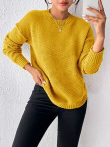SHEIN LUNE 纯色宽松落肩针织衫，侧边开衩，长袖上衣，秋冬款 - 黃色 - 查看 5