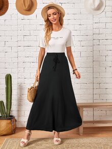 EMERY ROSE Solid High Waist Knot Front Skirt Brunch Everyday Plain Black Summer Casual Basic - Black - View 6