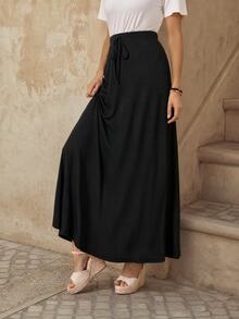 EMERY ROSE Solid High Waist Knot Front Skirt Brunch Everyday Plain Black Summer Casual Basic - Black - View 1