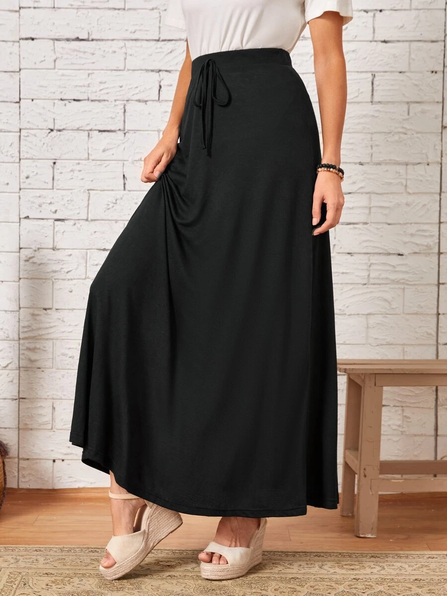 EMERY ROSE Solid High Waist Knot Front Skirt Brunch Everyday Plain Black Summer Casual Basic - Black - View 1