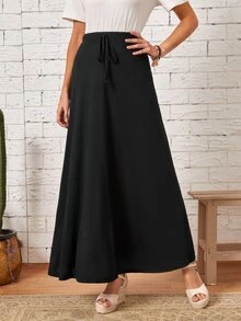 EMERY ROSE Solid High Waist Knot Front Skirt Brunch Everyday Plain Black Summer Casual Basic - Black - View 5