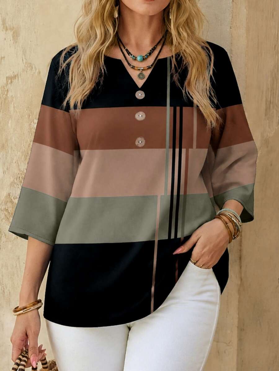 EMERY ROSE Casual Minimalist Style Brown Striped Pattern 3/4 Sleeve Women's Blouse