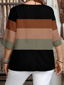 EMERY ROSE Casual Minimalist Style Brown Striped Pattern 3/4 Sleeve Women's Blouse - Multicolor - View 3