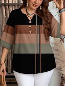 EMERY ROSE Casual Minimalist Style Brown Striped Pattern 3/4 Sleeve Women's Blouse - Multicolor - View 6