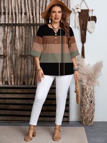 EMERY ROSE Casual Minimalist Style Brown Striped Pattern 3/4 Sleeve Women's Blouse - Multicolor - View 5