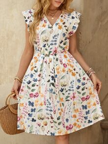 EMERY ROSE Women's Casual Cottagecore Boho V-Neck Cap Sleeve Printed Mini Dress For Summer Holiday Tea Party Picnic Vacation Brunch White Floral Beach Outfit - Multicolor - View 1