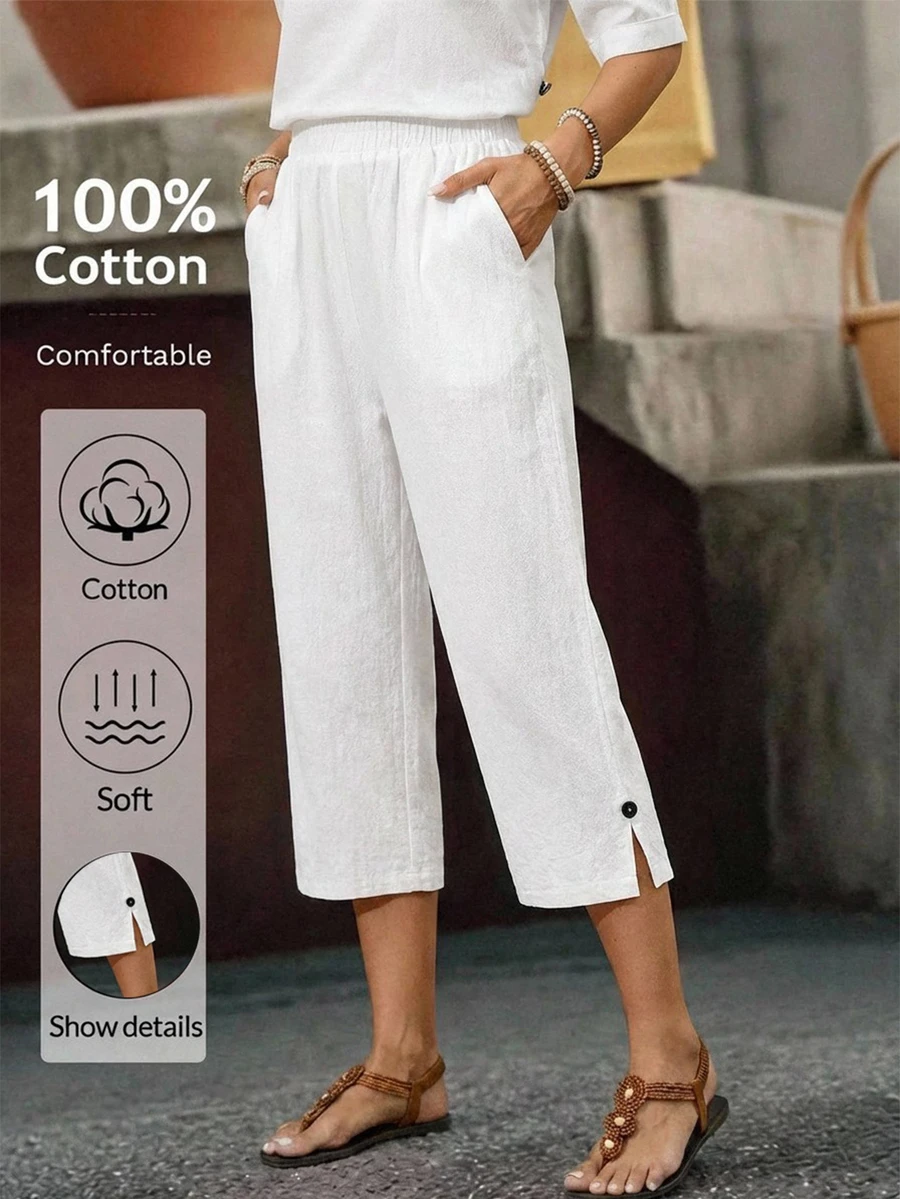 EMERY ROSE Women's Casual Basic Vacation Commute Travel White Slant Pocket Cropped Pants Summer Holiday Day Country - White - View 1