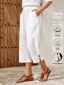 EMERY ROSE Women's Casual Basic Vacation Commute Travel White Slant Pocket Cropped Pants Summer Holiday Day Country - White - View 4